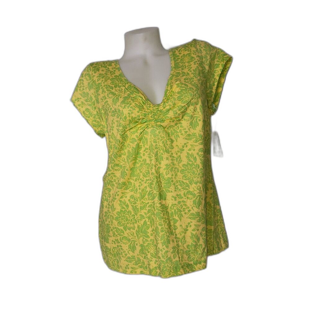 LIZ & CO Short Sleeve V Neck T Shirt Yellow Lime Green Splash Size XL NEW
